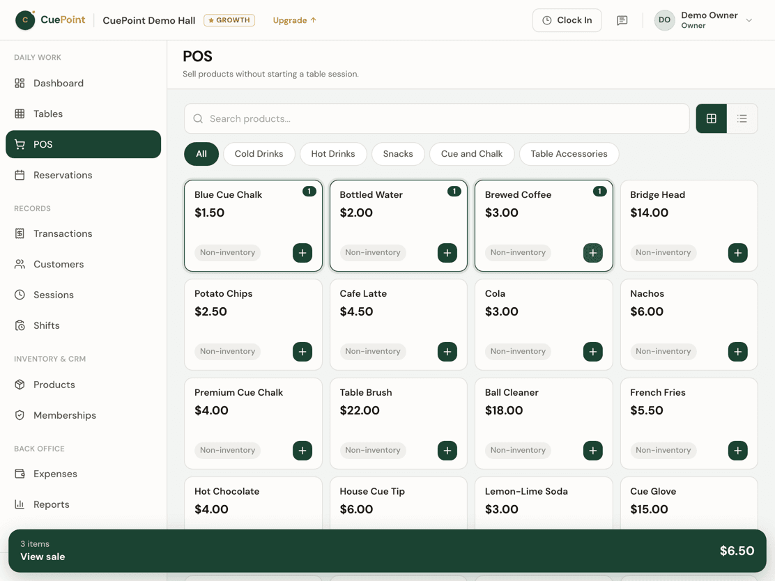 CuePoint POS on a tablet — product grid with three items in the running sale totalling $6.50