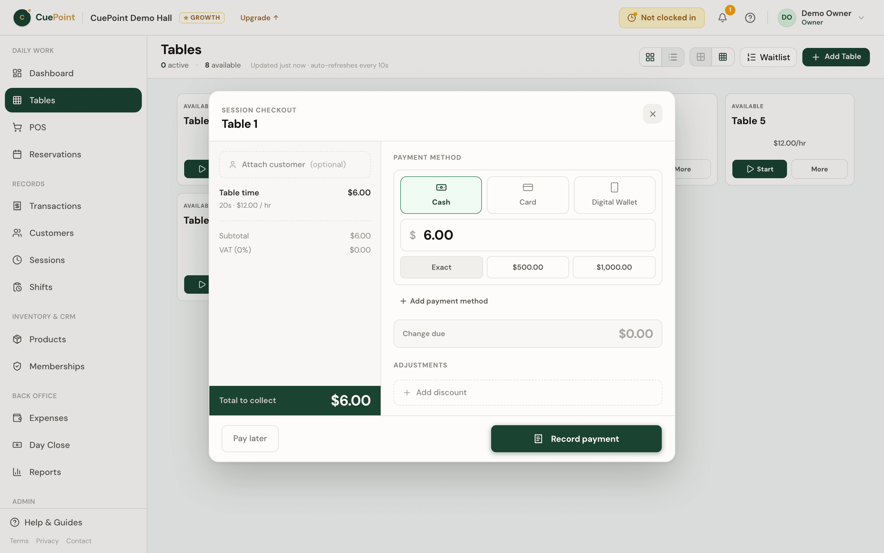 CuePoint checkout combining table time billing with POS product orders