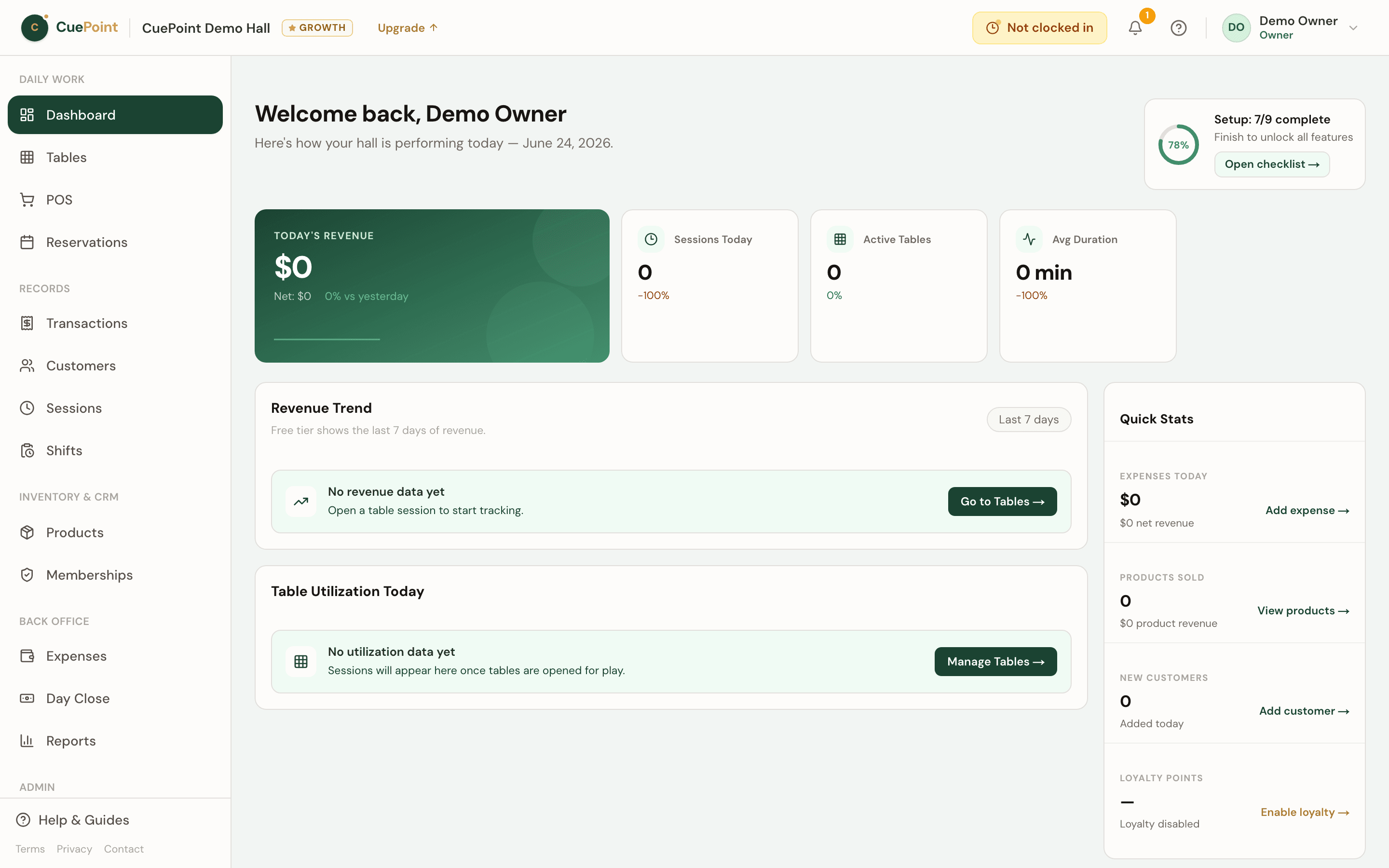 CuePoint dashboard overview for billiard hall management