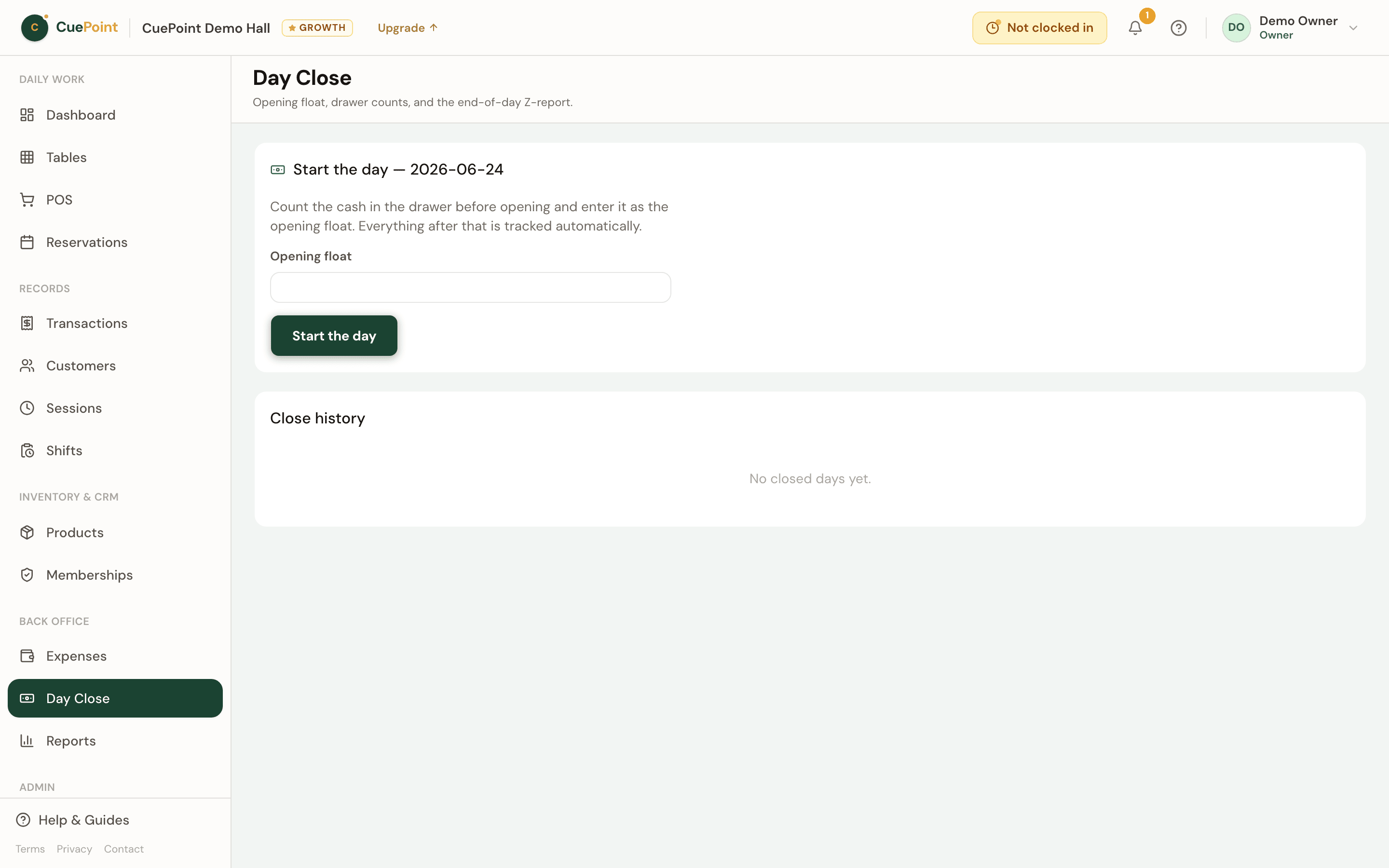 CuePoint day close screen with cash drawer reconciliation