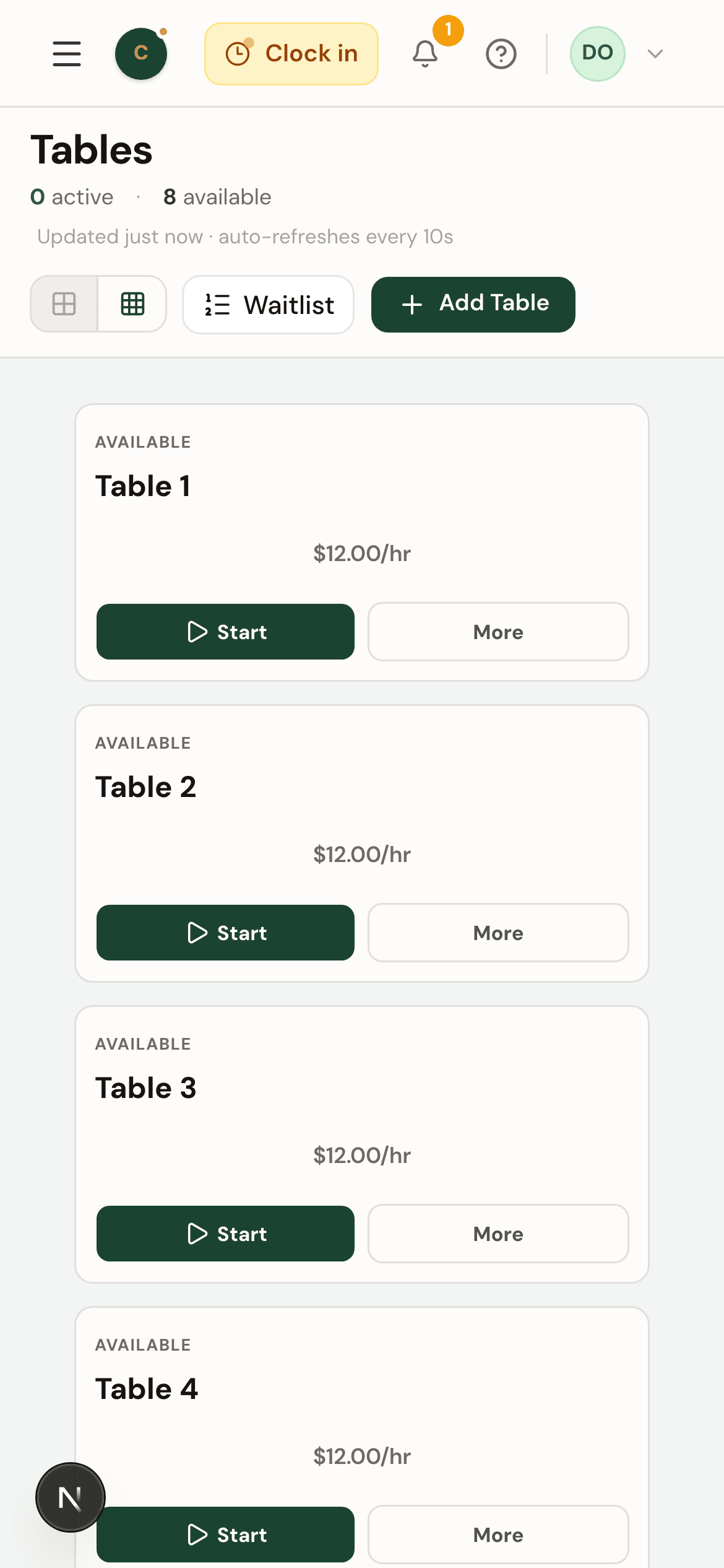 CuePoint mobile view showing live table status accessible from any device