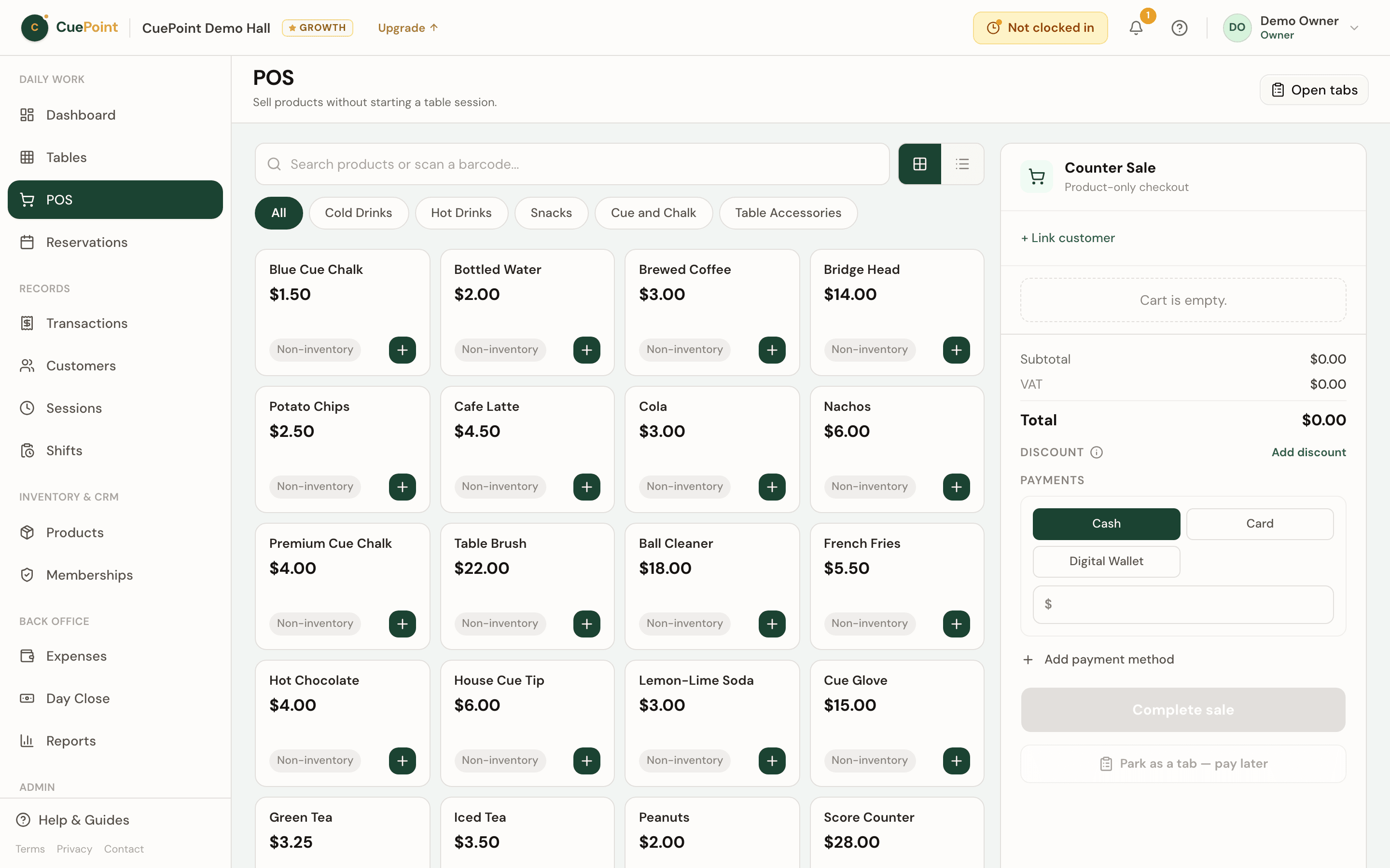 CuePoint POS product grid for adding items to open tabs