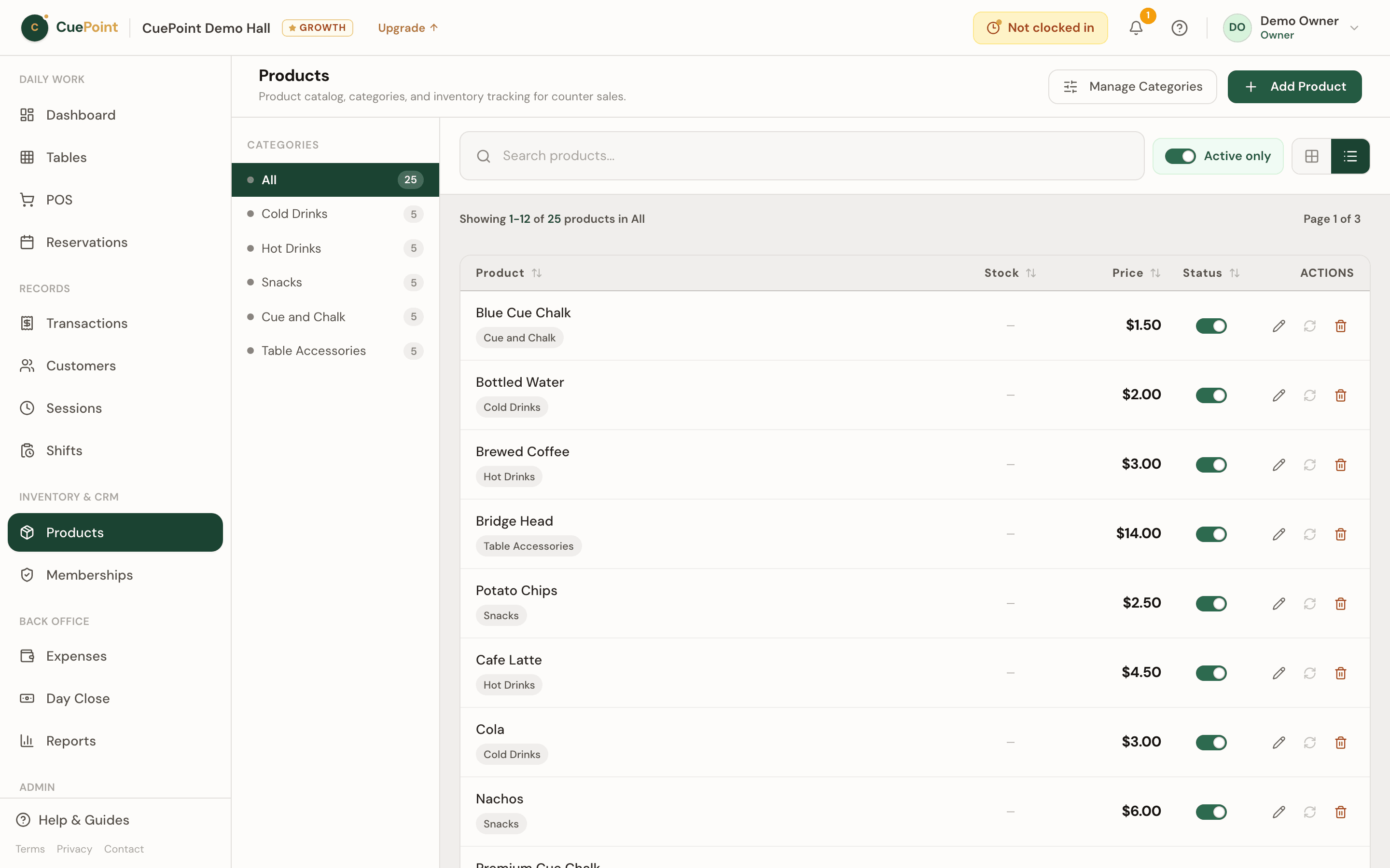 CuePoint product inventory list with stock levels