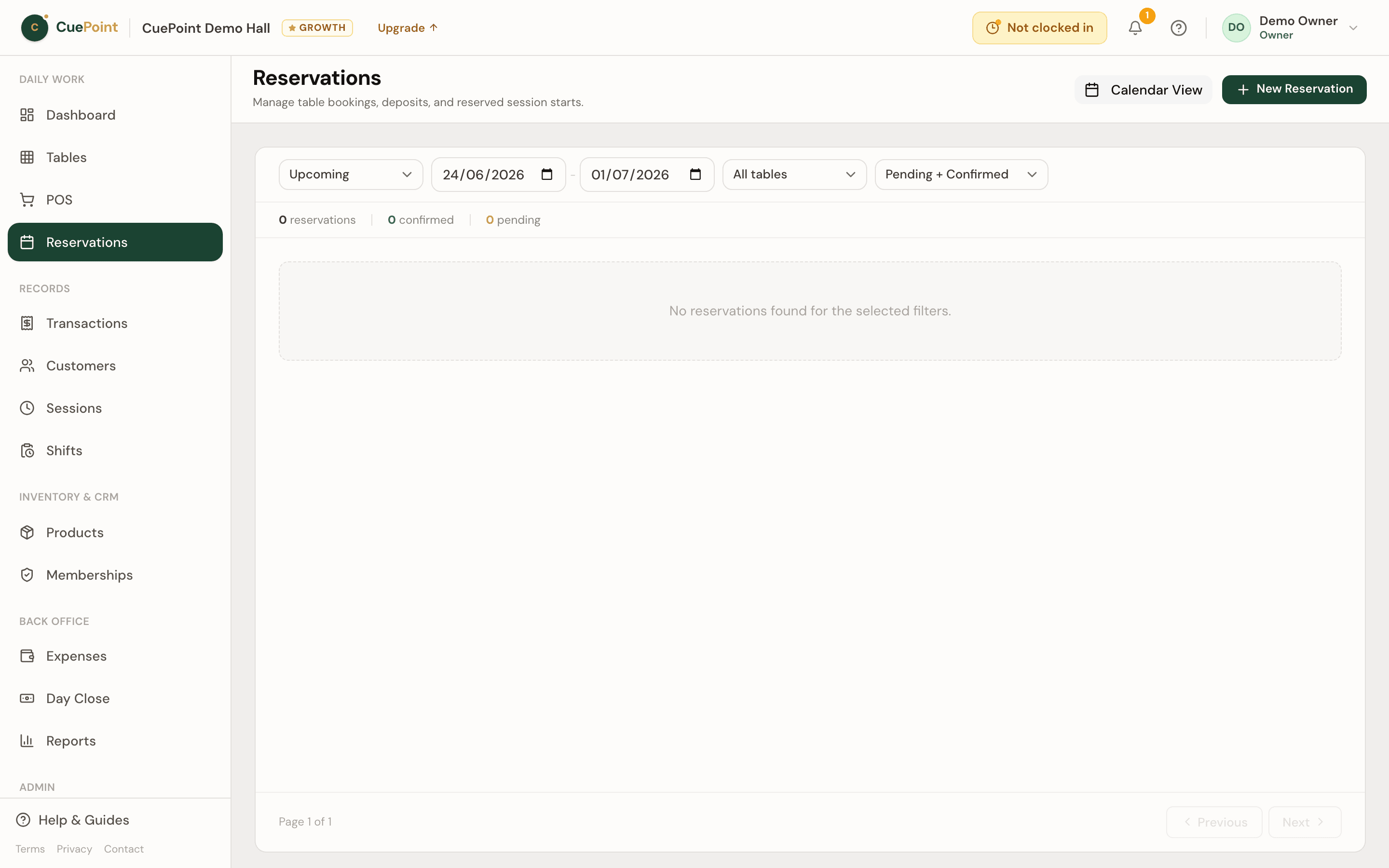 CuePoint reservations list showing upcoming table bookings