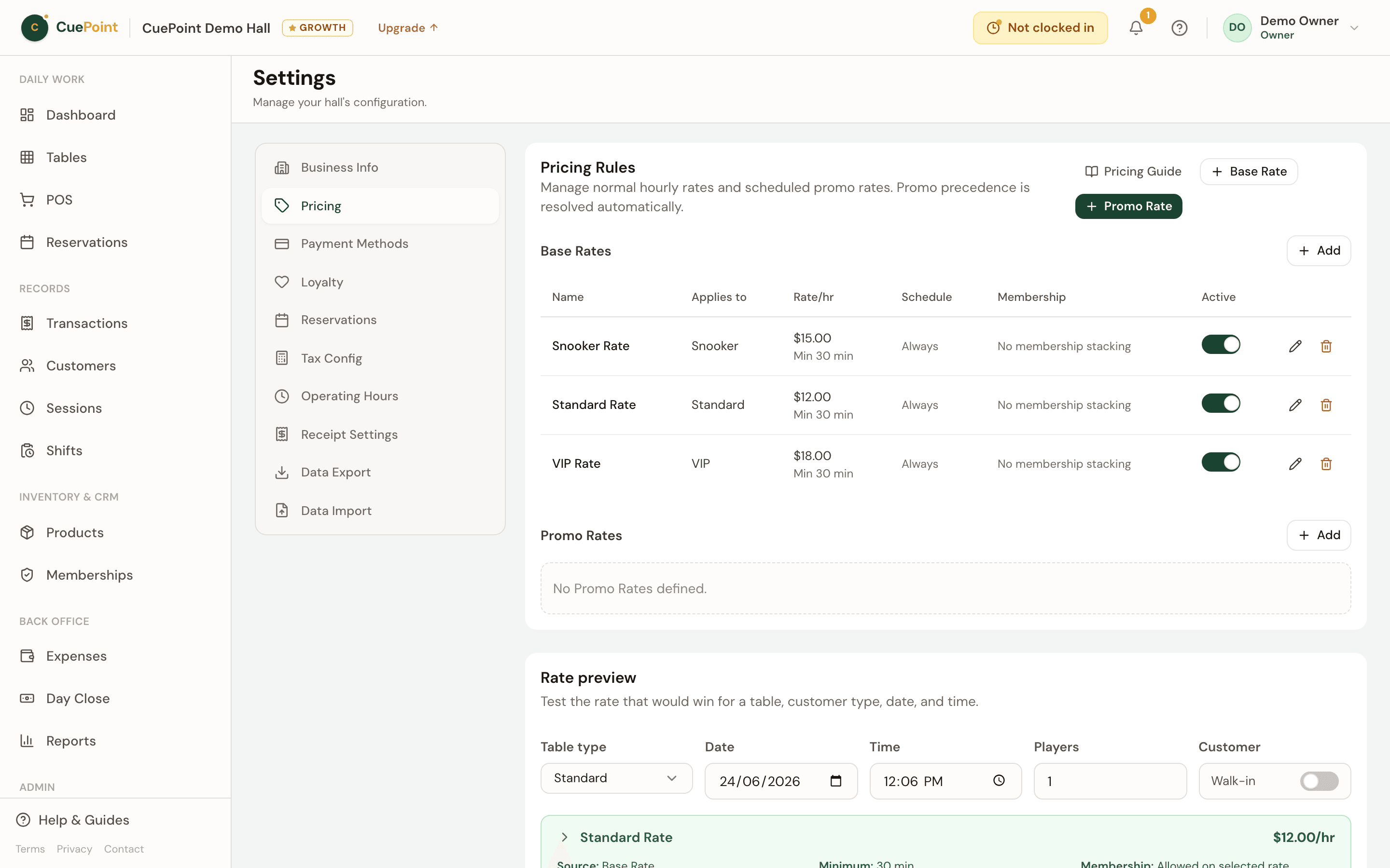 CuePoint pricing settings with promo rate configuration