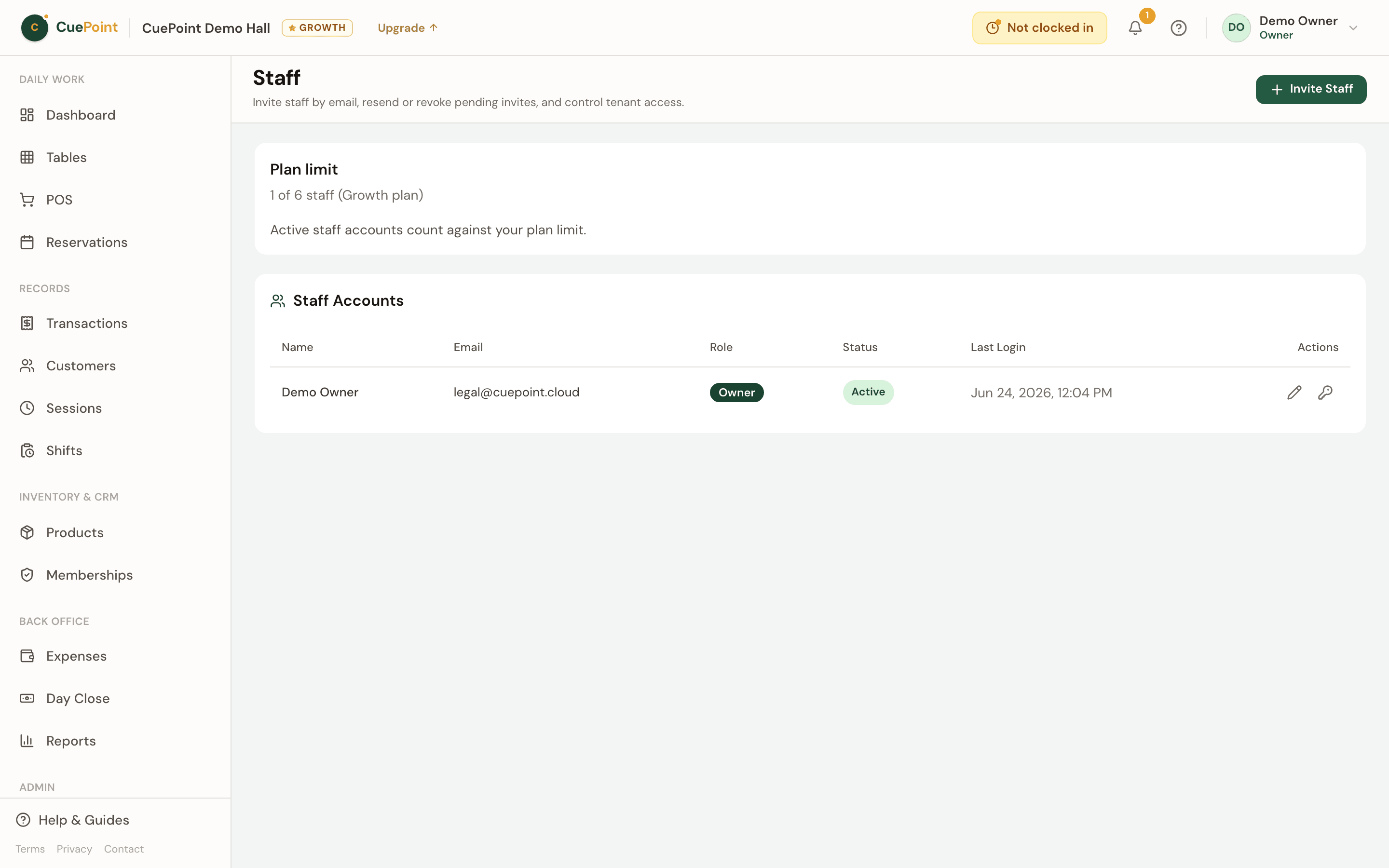 CuePoint staff list with roles and invite controls