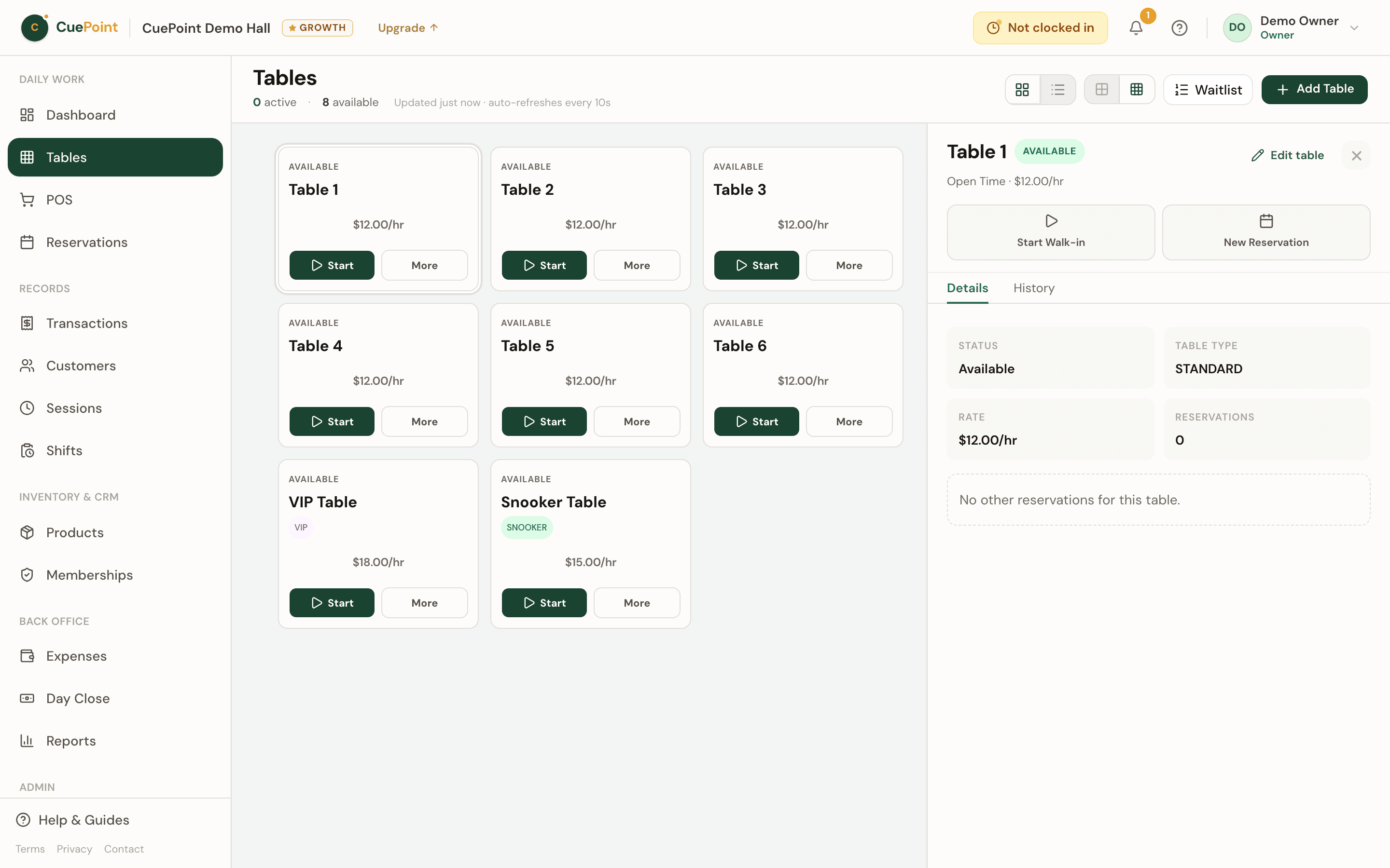 CuePoint table sidebar showing a confirmed QR order on the running bill