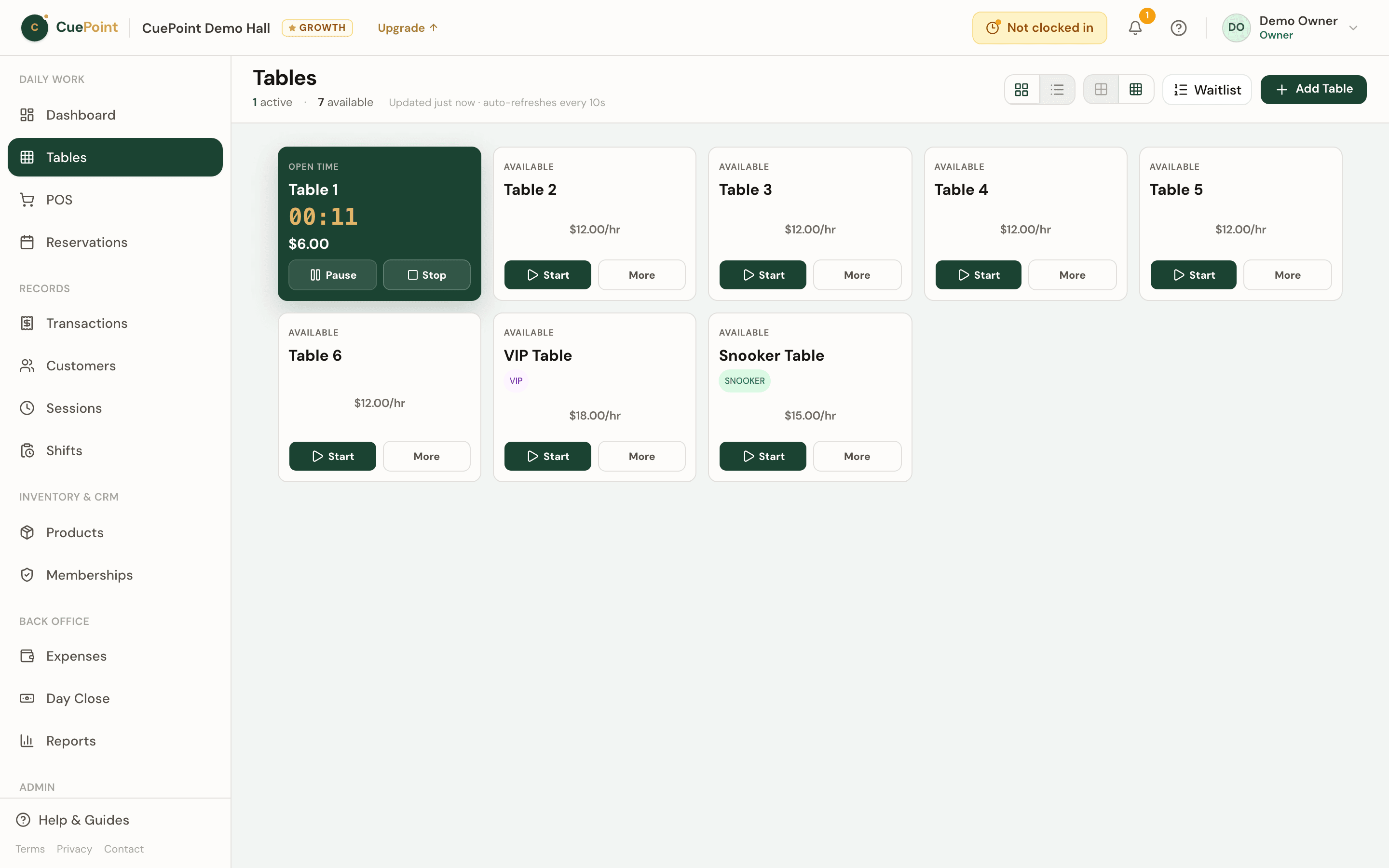 CuePoint floor view replacing a paper logbook with live table status